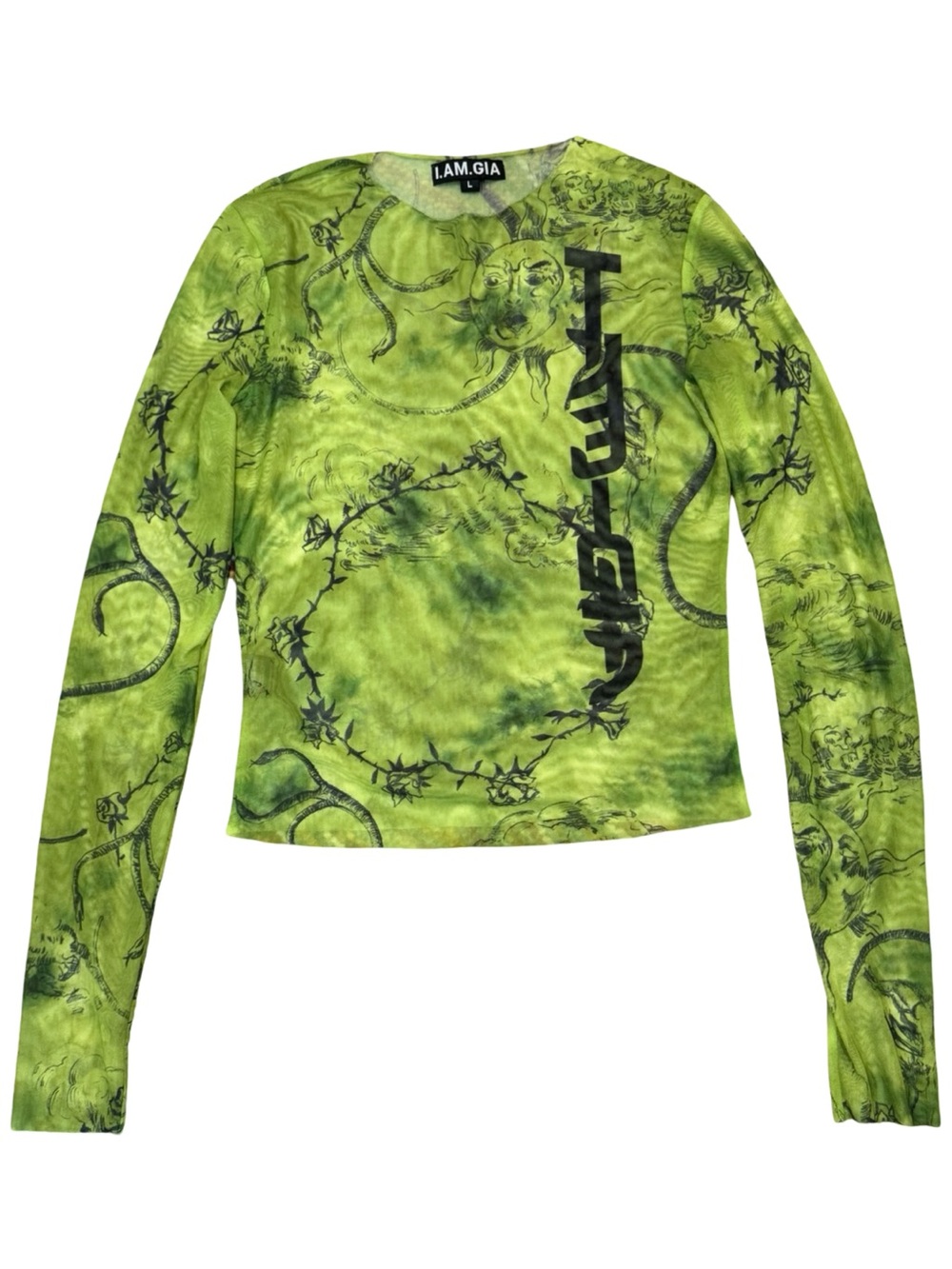 🍋‍🟩🐍 I.AM.GIA Lime Green Mesh Graphic Long Sleeve Sheer Top